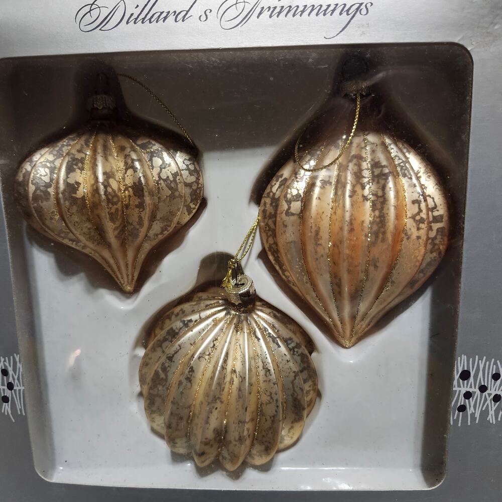 Dillard's Trimmings Gold Mercury Glass Christmas Ornaments Set of 3 Boxed